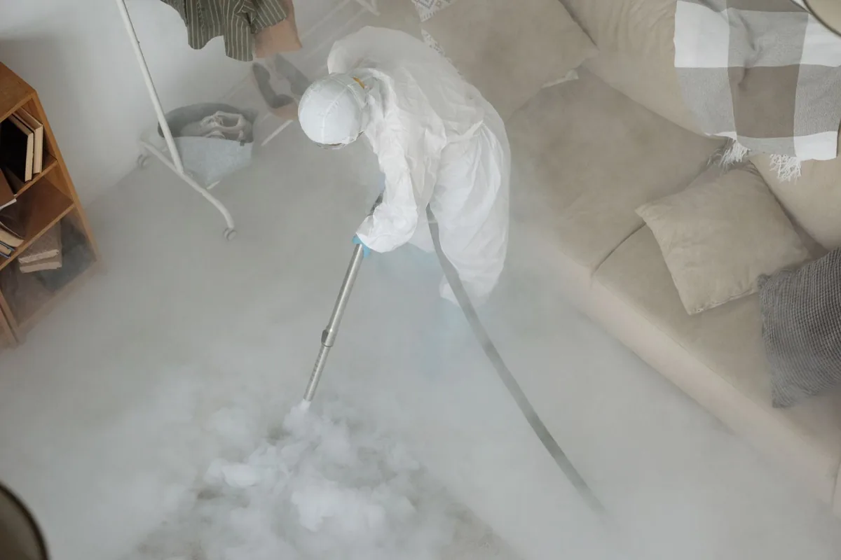 Biohazard cleanup technician in protective equipment, Vineyard Haven, MA